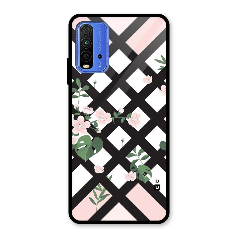 Check Floral Stripes Glass Back Case for Redmi 9 Power