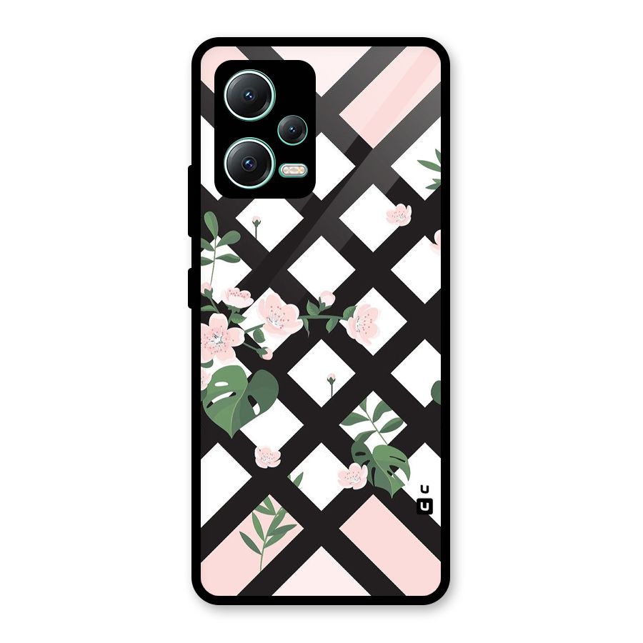 Check Floral Stripes Glass Back Case for Redmi Note 12 5G