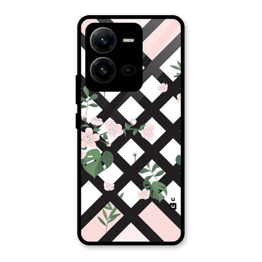 Check Floral Stripes Glass Back Case for Vivo V25