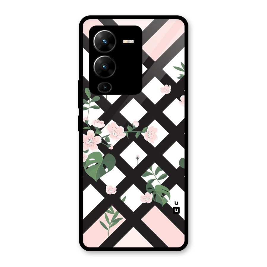 Check Floral Stripes Glass Back Case for Vivo V25 Pro