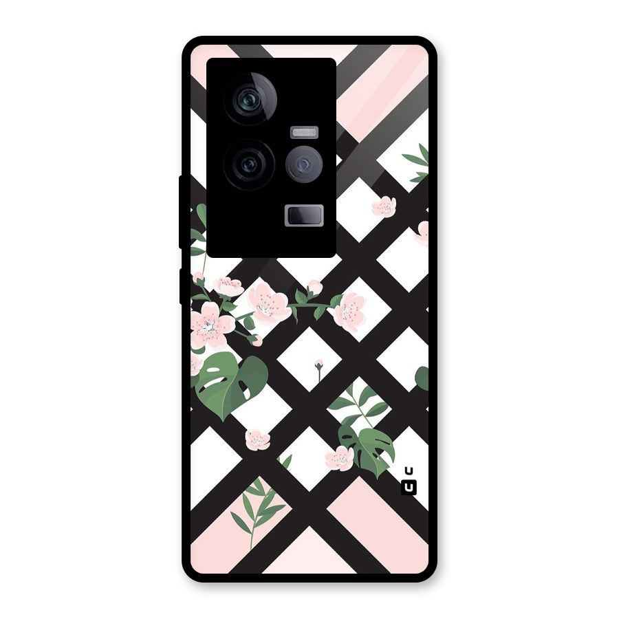 Check Floral Stripes Glass Back Case for Vivo iQOO 11 5G
