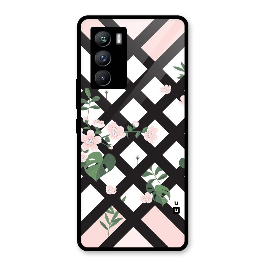 Check Floral Stripes Glass Back Case for Vivo iQOO 9 SE