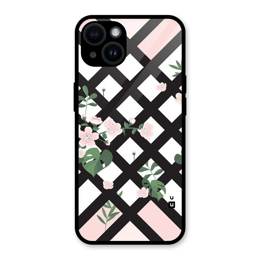 Check Floral Stripes Glass Back Case for iPhone 14