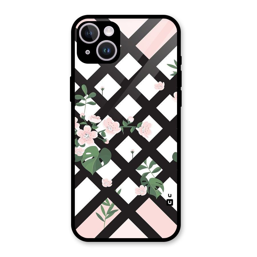 Check Floral Stripes Glass Back Case for iPhone 14 Plus