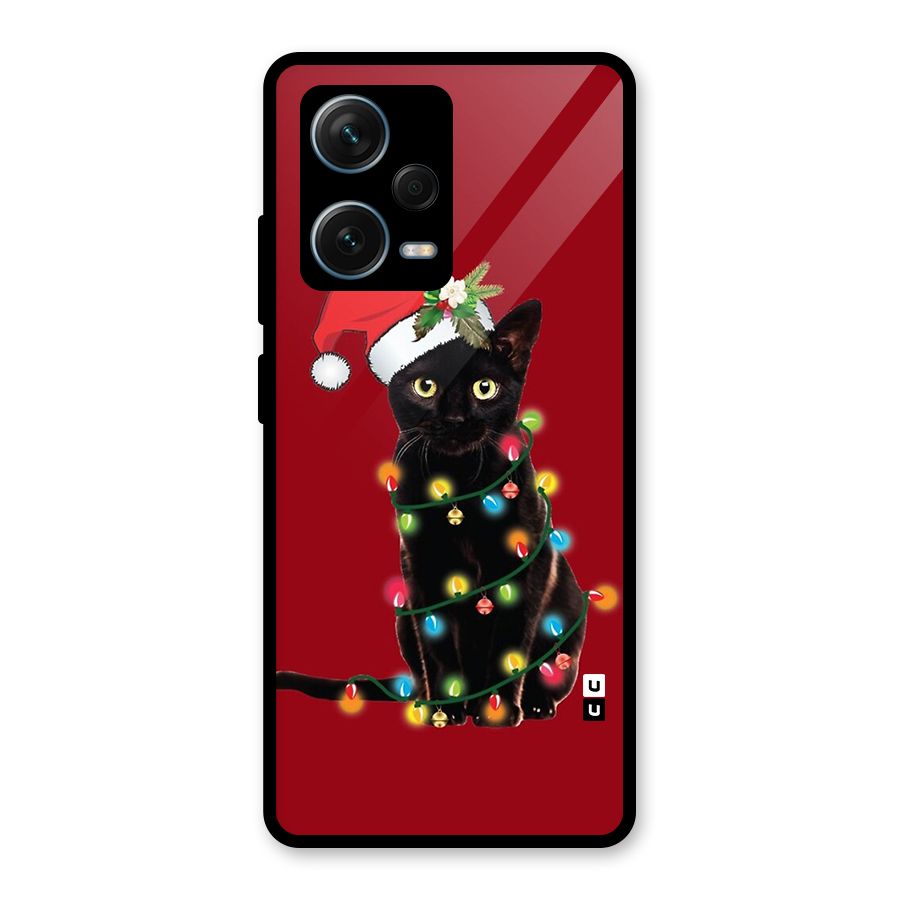 Christmas Cap Cat Glass Back Case for Redmi Note 12 Pro Plus 5G