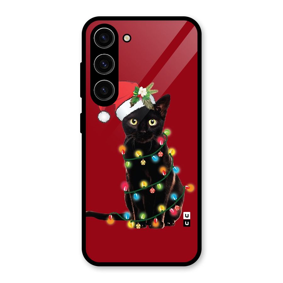 Christmas Cap Cute Cat Glass Back Case for Galaxy S23