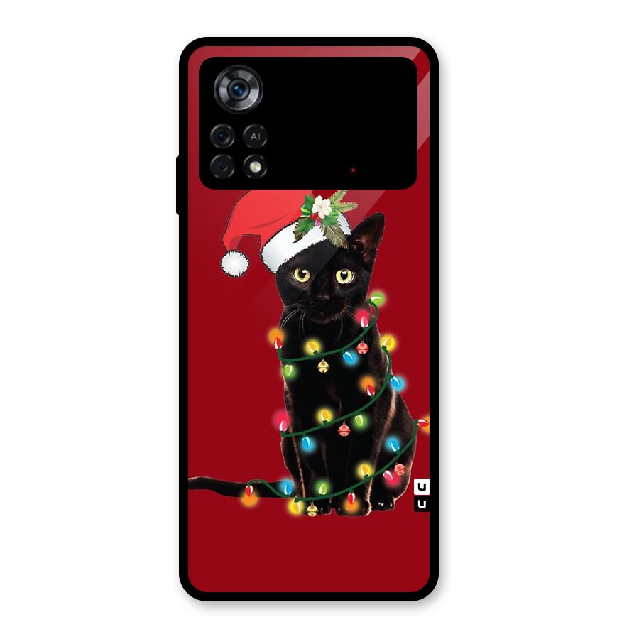 Christmas Cap Cute Cat Glass Back Case for Poco X4 Pro 5G