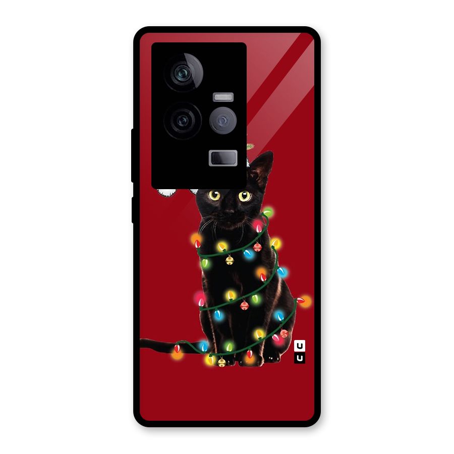 Christmas Cap Cute Cat Glass Back Case for Vivo iQOO 11 5G