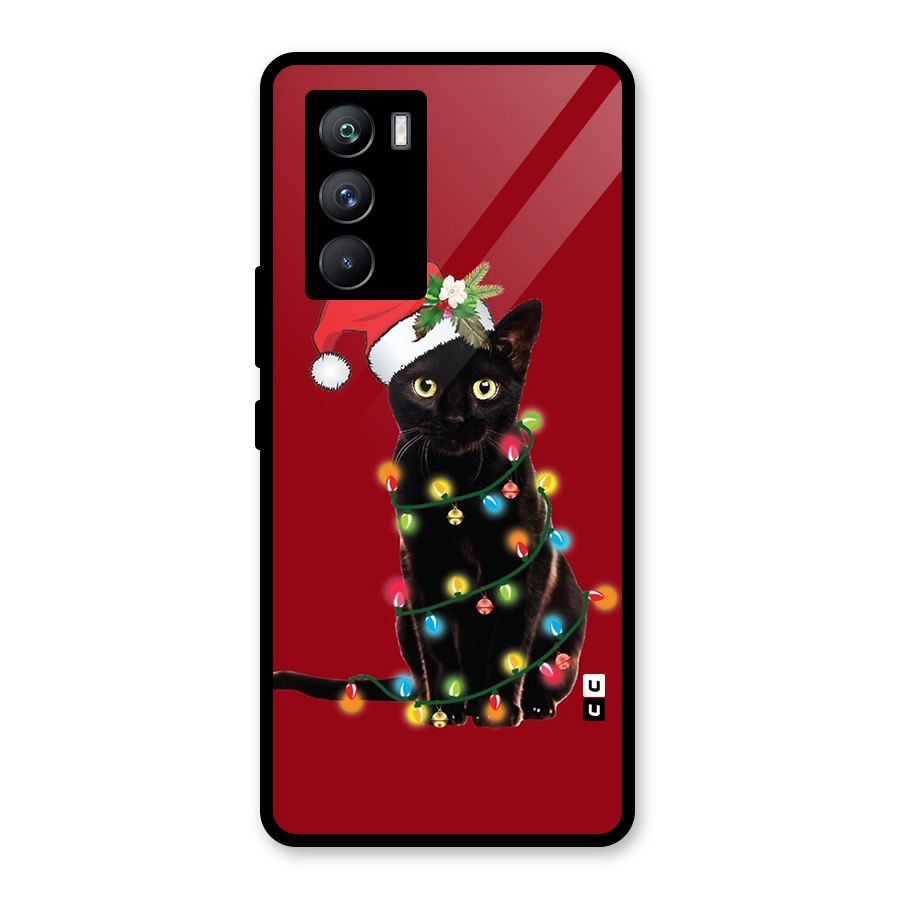Christmas Cap Cute Cat Glass Back Case for Vivo iQOO 9 SE