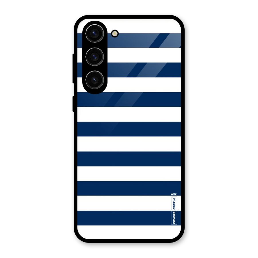 Classic Blue White Stripes Glass Back Case for Galaxy S23 Plus