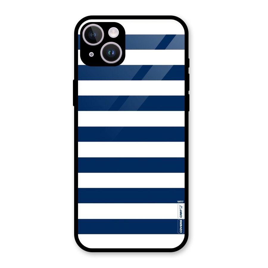 Classic Blue White Stripes Glass Back Case for iPhone 14 Plus