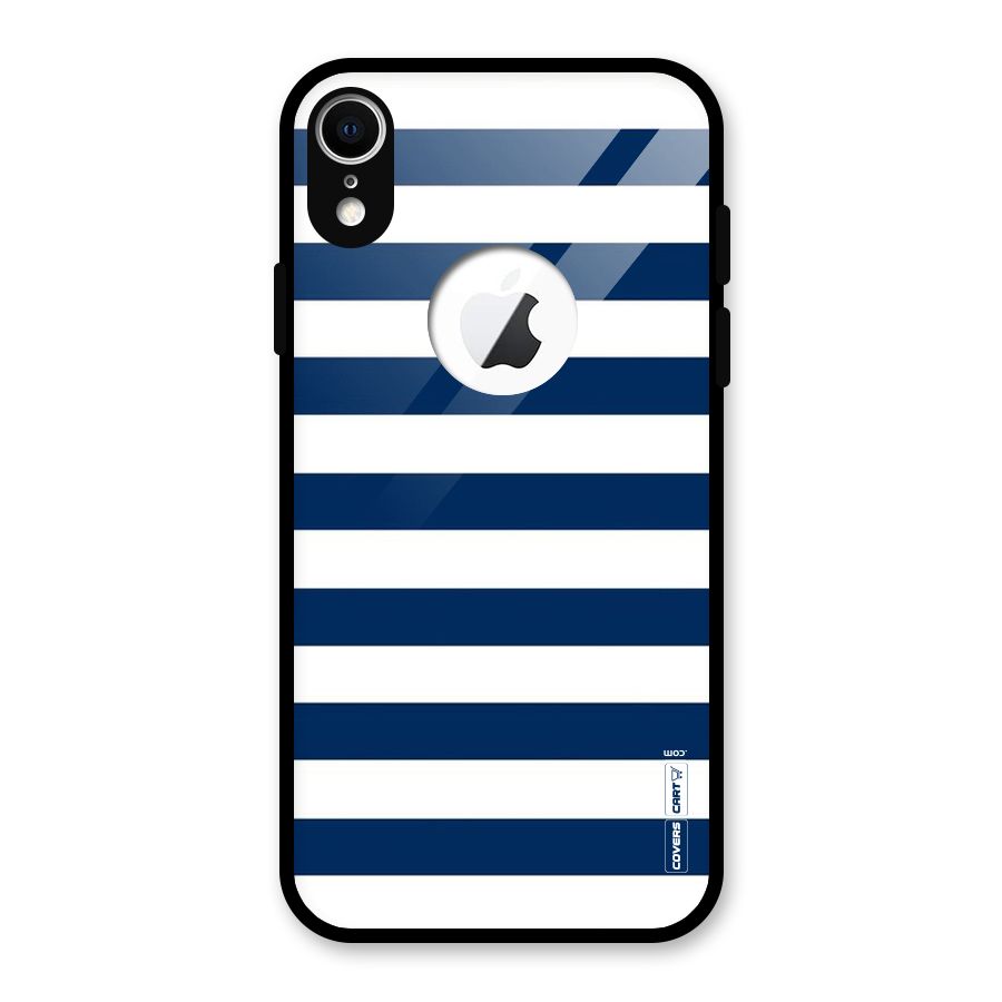 Classic Blue White Stripes Glass Back Case for iPhone XR Logo Cut