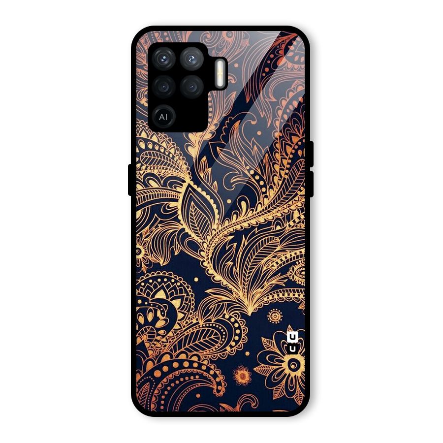 Classy Golden Leafy Design Glass Back Case for Oppo F19 Pro
