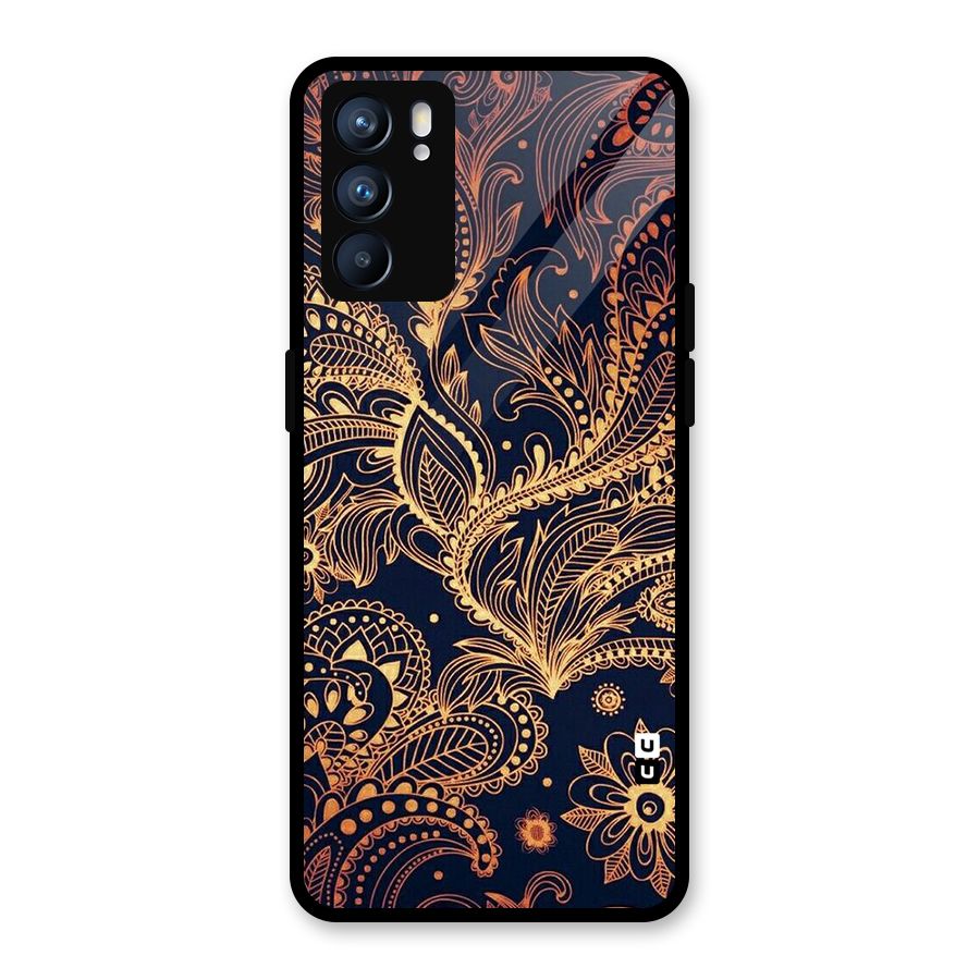 Classy Golden Leafy Design Glass Back Case for Oppo Reno6 5G