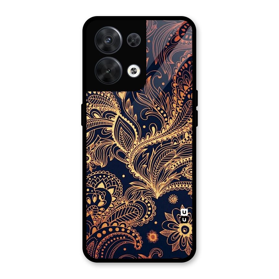 Classy Golden Leafy Design Glass Back Case for Oppo Reno8 5G