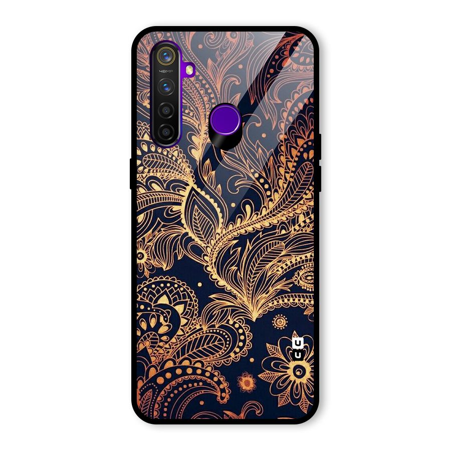 Classy Golden Leafy Design Glass Back Case for Realme 5 Pro