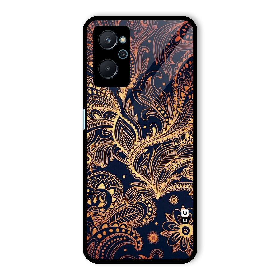 Classy Golden Leafy Design Glass Back Case for Realme 9i