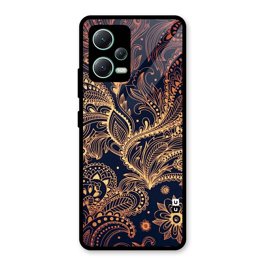 Classy Golden Leafy Design Glass Back Case for Redmi Note 12 5G