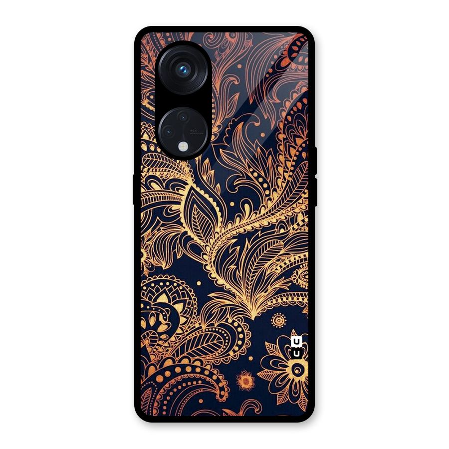 Classy Golden Leafy Design Glass Back Case for Reno8 T 5G