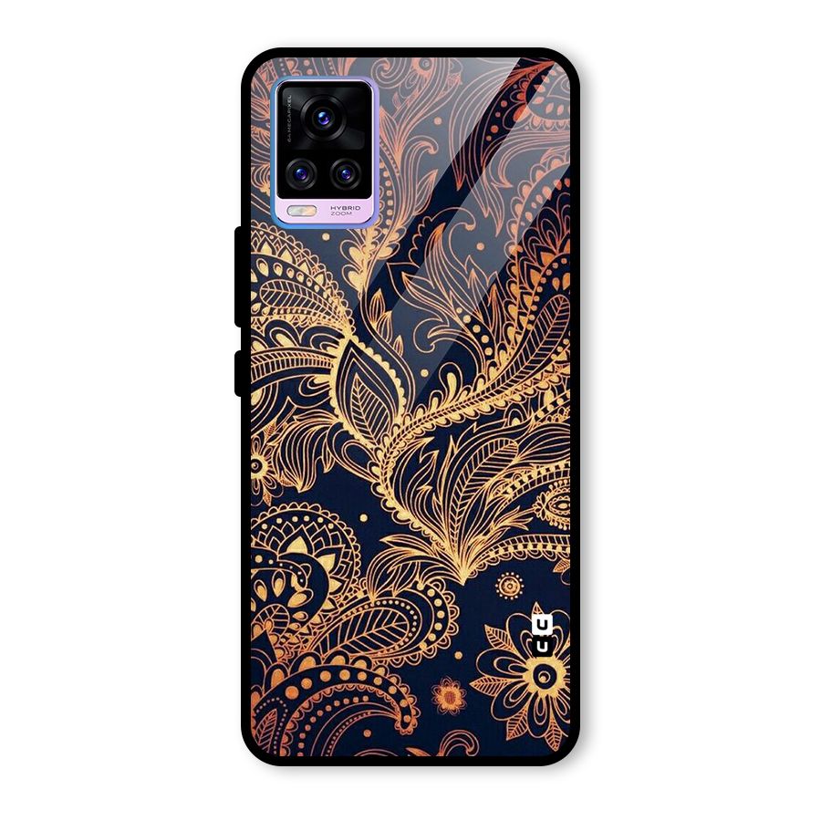 Classy Golden Leafy Design Glass Back Case for Vivo V20 Pro