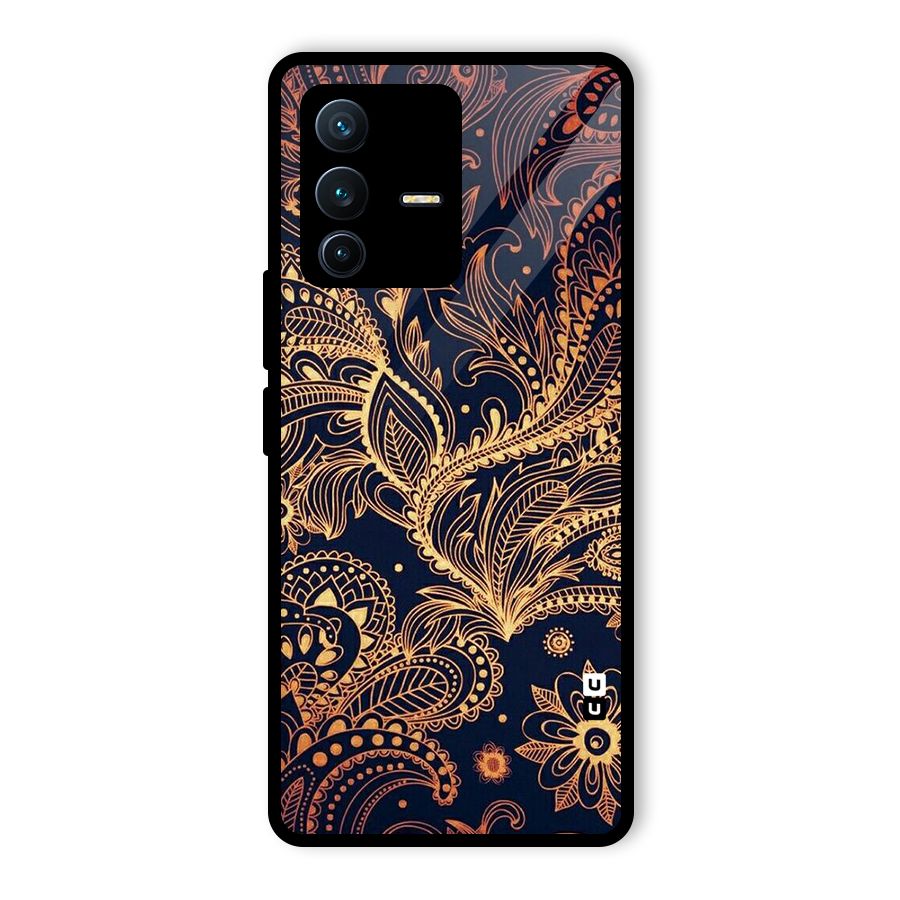 Classy Golden Leafy Design Glass Back Case for Vivo V23 Pro