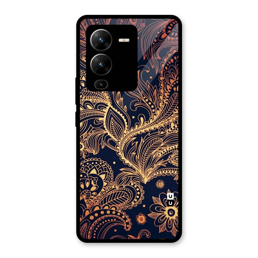 Classy Golden Leafy Design Glass Back Case for Vivo V25 Pro