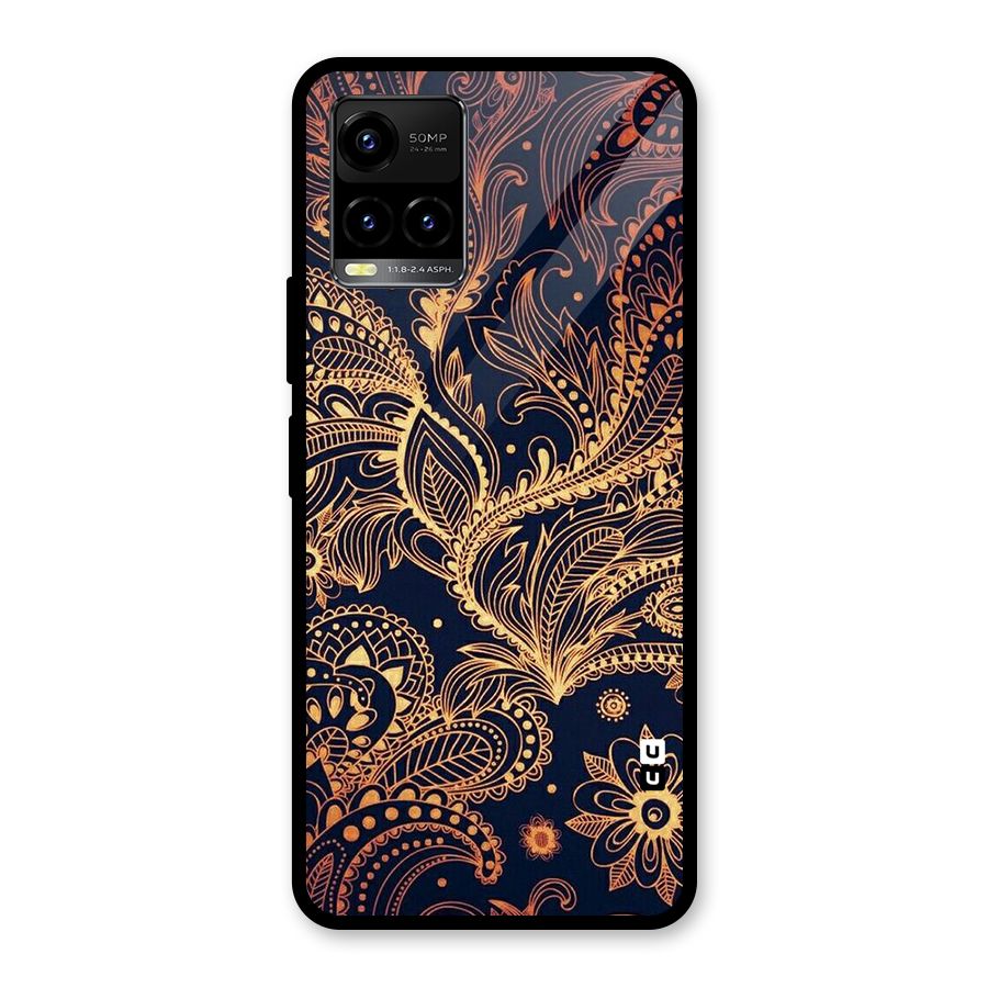 Classy Golden Leafy Design Glass Back Case for Vivo Y21 2021