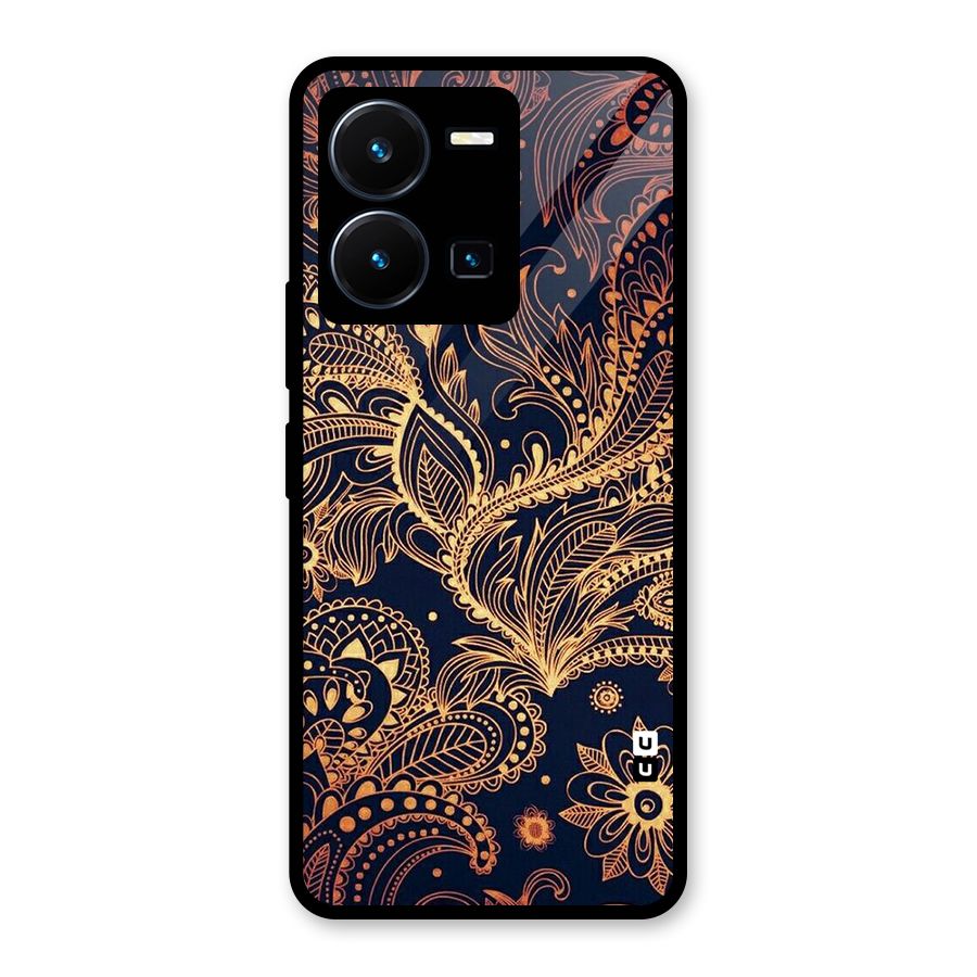 Classy Golden Leafy Design Glass Back Case for Vivo Y35