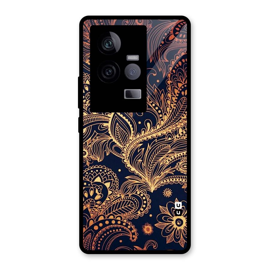 Classy Golden Leafy Design Glass Back Case for Vivo iQOO 11 5G