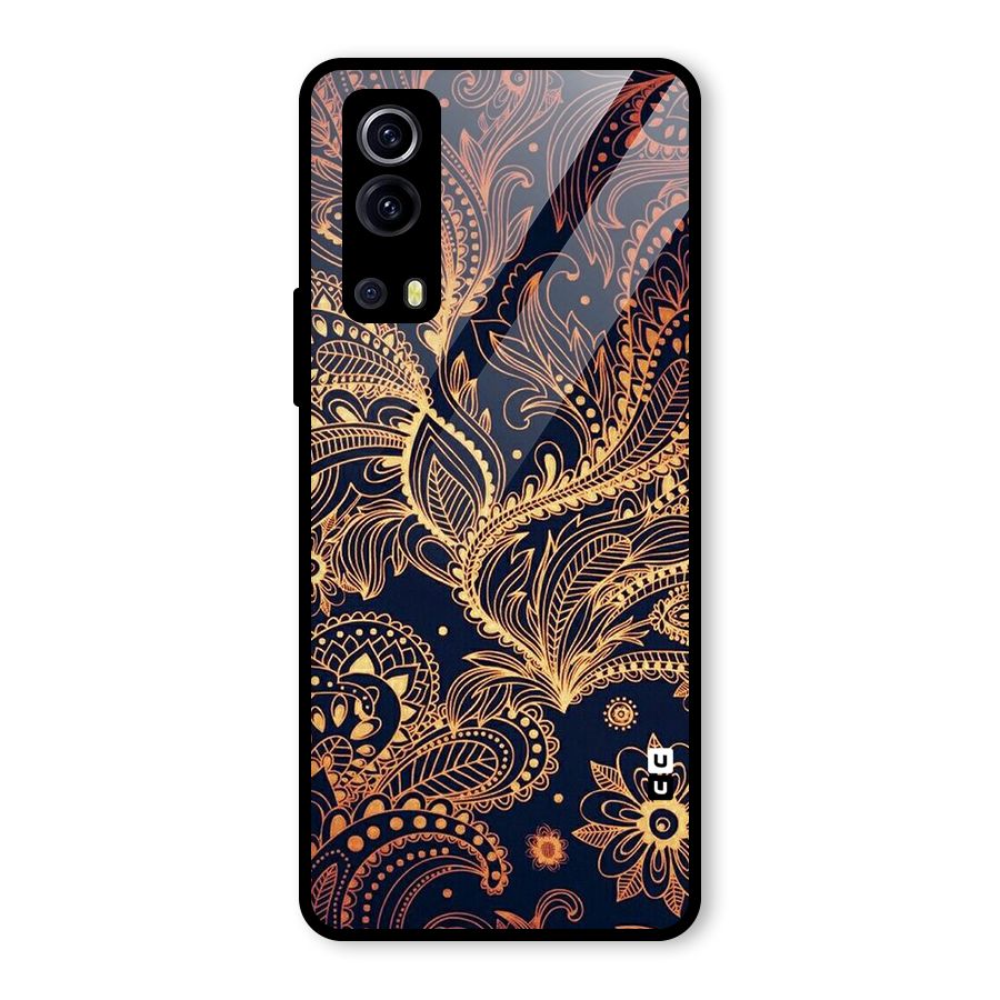 Classy Golden Leafy Design Glass Back Case for Vivo iQOO Z3