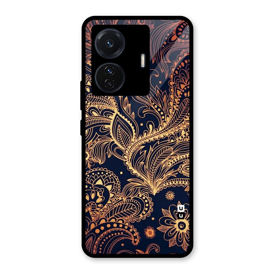 Classy Golden Leafy Design Glass Back Case for Vivo iQOO Z6 Pro