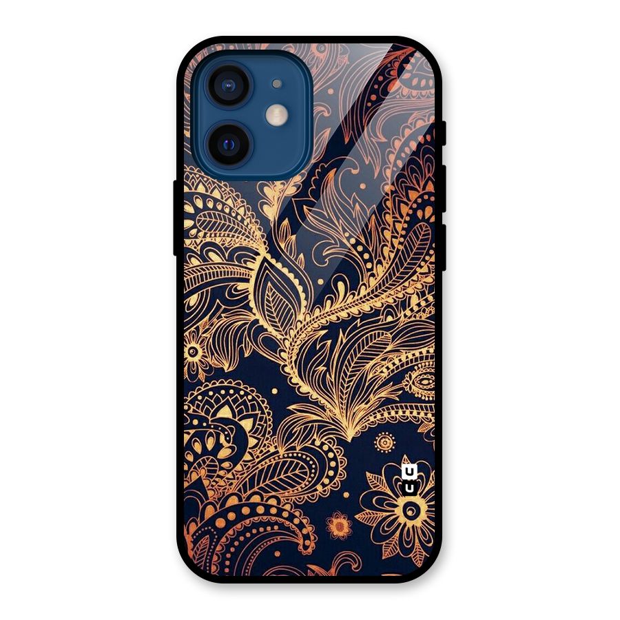 Classy Golden Leafy Design Glass Back Case for iPhone 12 Mini