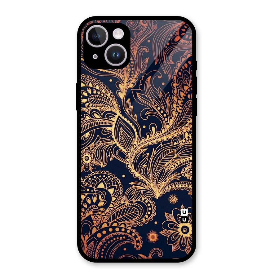 Classy Golden Leafy Design Glass Back Case for iPhone 14 Plus
