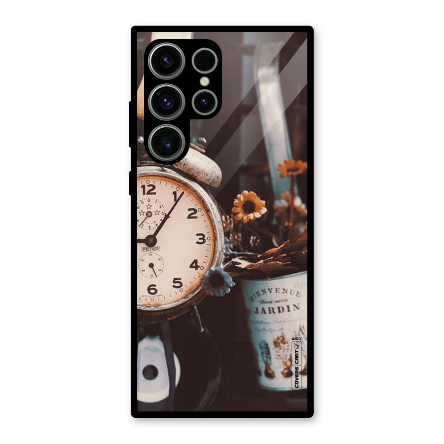 Clock And Flowers Glass Back Case for Galaxy S23 Ultra