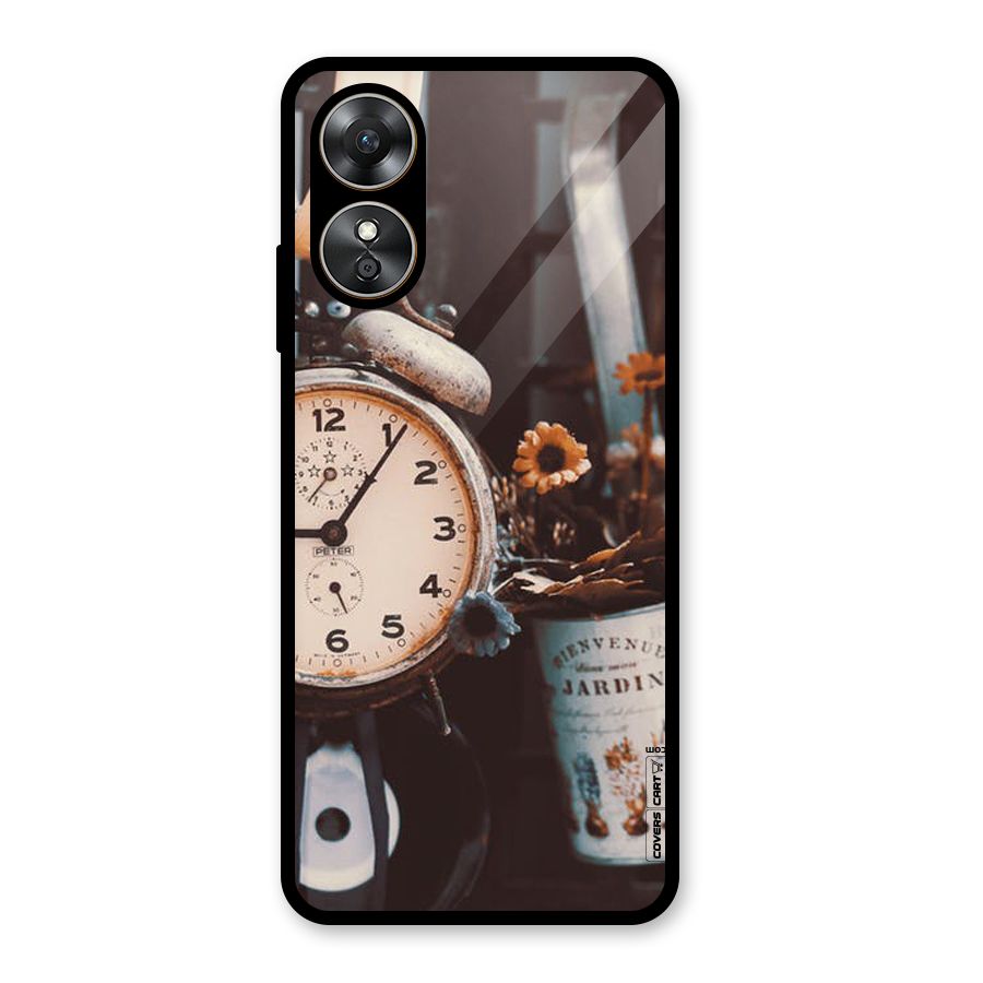 Clock And Flowers Glass Back Case for Oppo A17