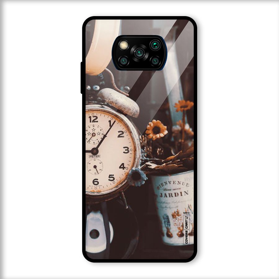 Clock And Flowers Glass Back Case for Poco X3