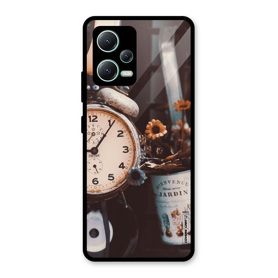 Clock And Flowers Glass Back Case for Redmi Note 12 5G