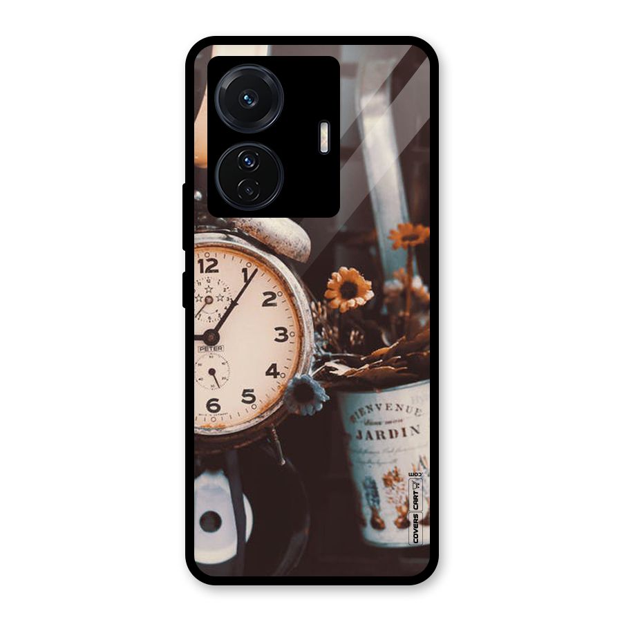 Clock And Flowers Glass Back Case for Vivo T1 Pro