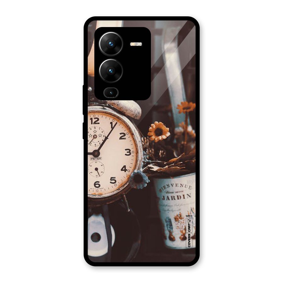 Clock And Flowers Glass Back Case for Vivo V25 Pro
