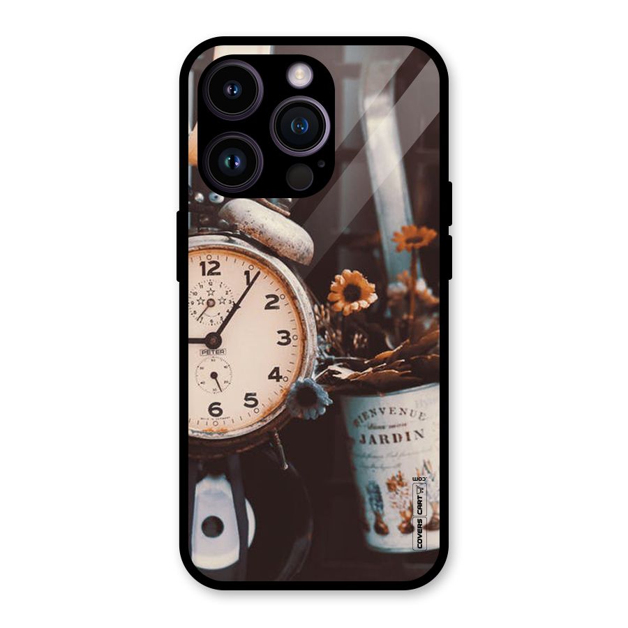 Clock And Flowers Glass Back Case for iPhone 14 Pro