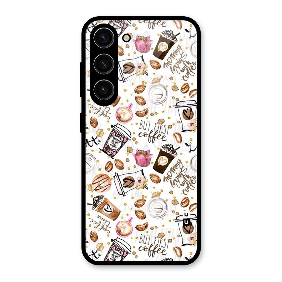 Coffee Pattern Glass Back Case for Galaxy S23