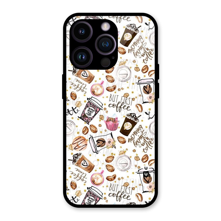 Coffee Pattern Glass Back Case for iPhone 14 Pro
