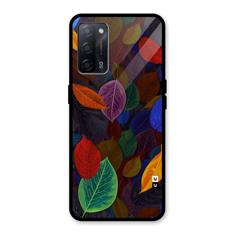 Colorful Leaves Pattern Glass Back Case for Oppo A53s 5G