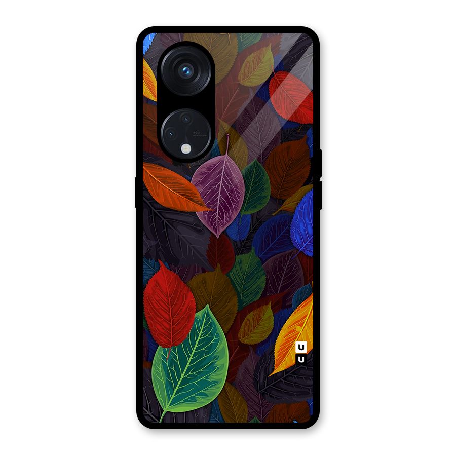Colorful Leaves Pattern Glass Back Case for Reno8 T 5G
