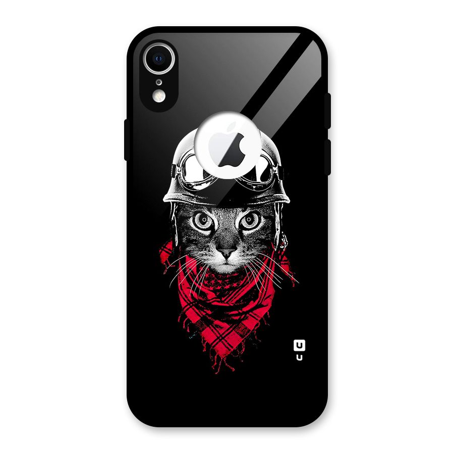 Cool Biker Cat Glass Back Case for iPhone XR Logo Cut
