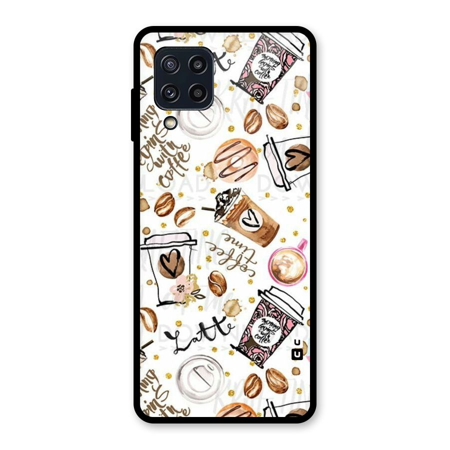 Cute Coffee Pattern Glass Back Case for Galaxy M32