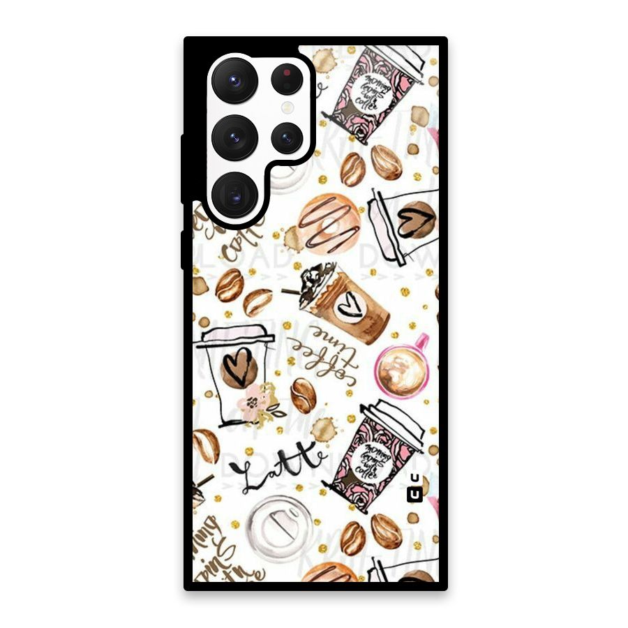 Cute Coffee Pattern Glass Back Case for Galaxy S22 Ultra 5G