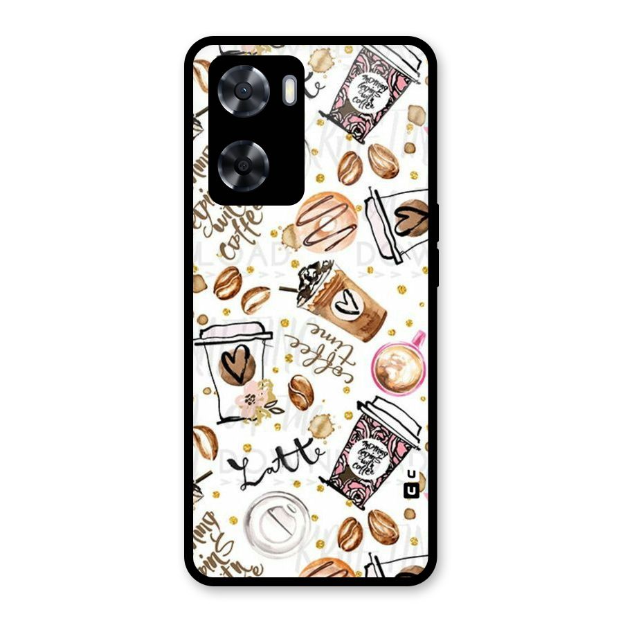 Cute Coffee Pattern Glass Back Case for Oppo A57 2022
