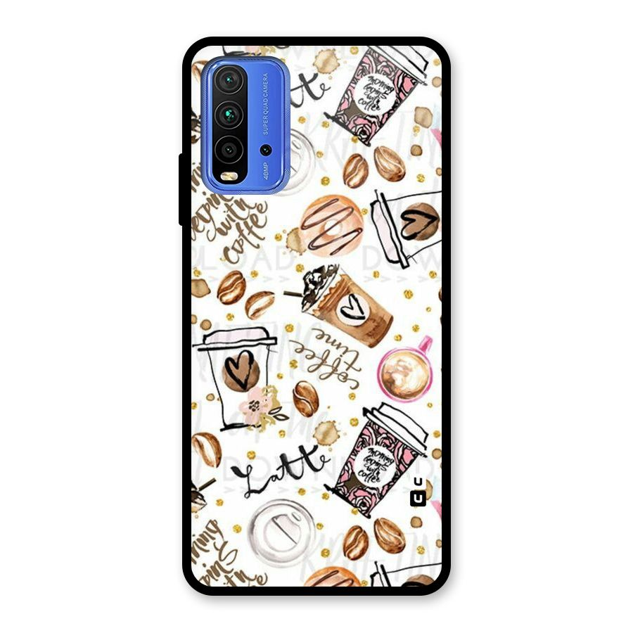 Cute Coffee Pattern Glass Back Case for Redmi 9 Power