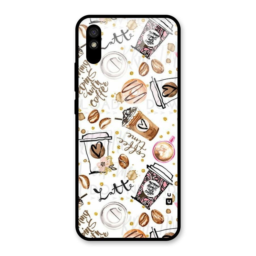 Cute Coffee Pattern Glass Back Case for Redmi 9i